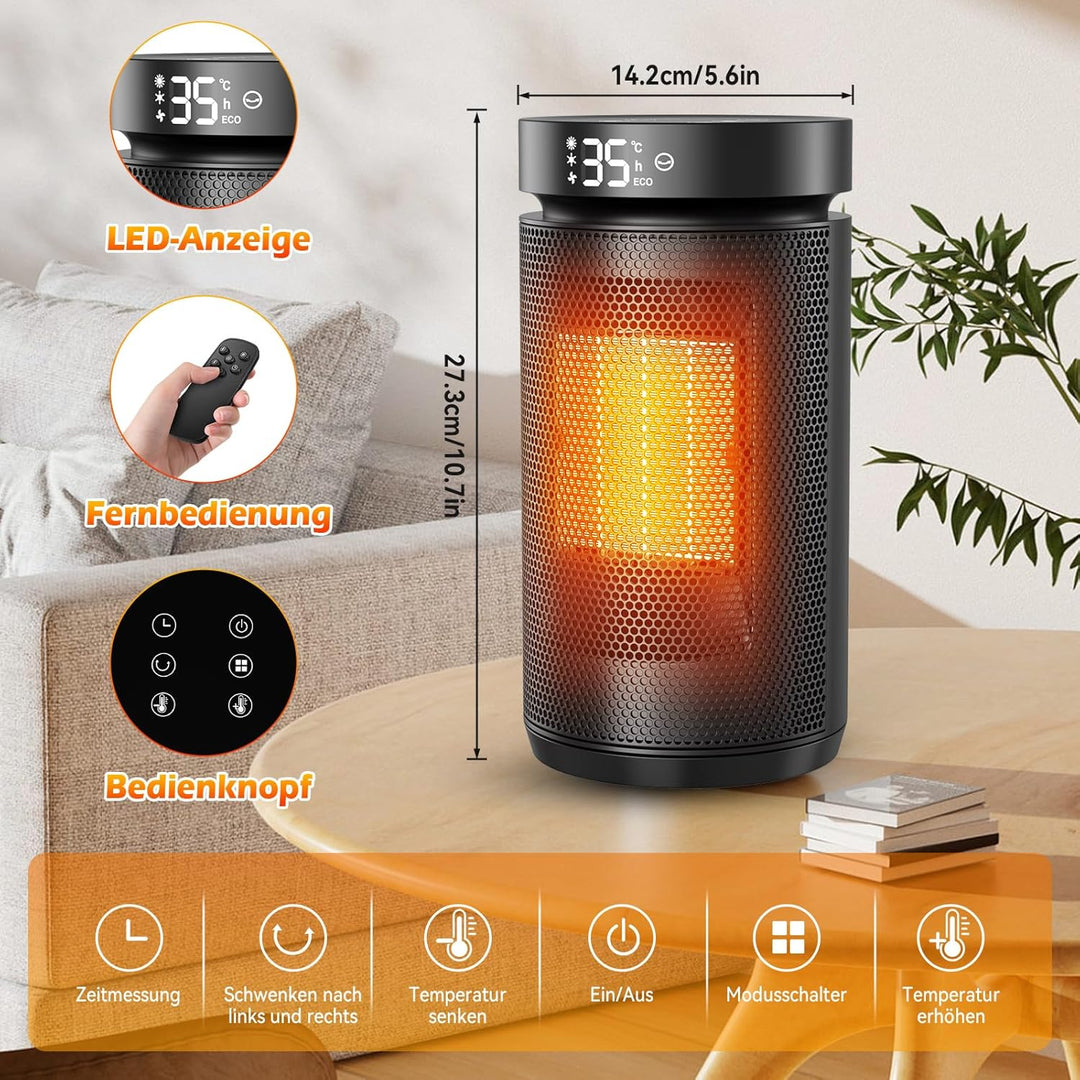 Effizienter Energiesparender Heizlüfter, 1500W PTC Keramik, nur 34 dB leise! Mit Thermostat, 12 Std.
