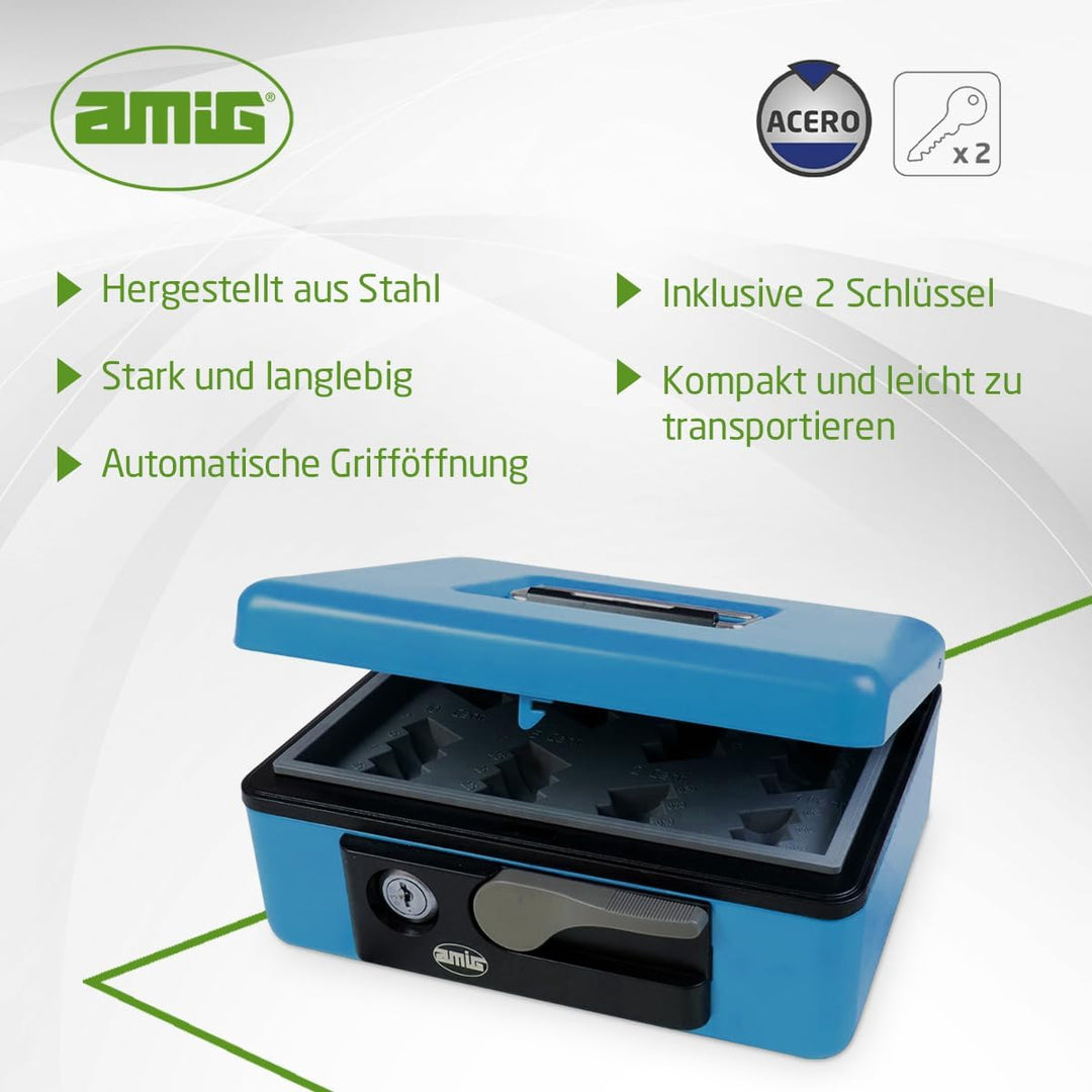 Amig - Geldkassette aus Stahl | Sicherheitszylinder &amp; 2 Schlüssel | Münzschale &amp; Tragegriff | Vielse