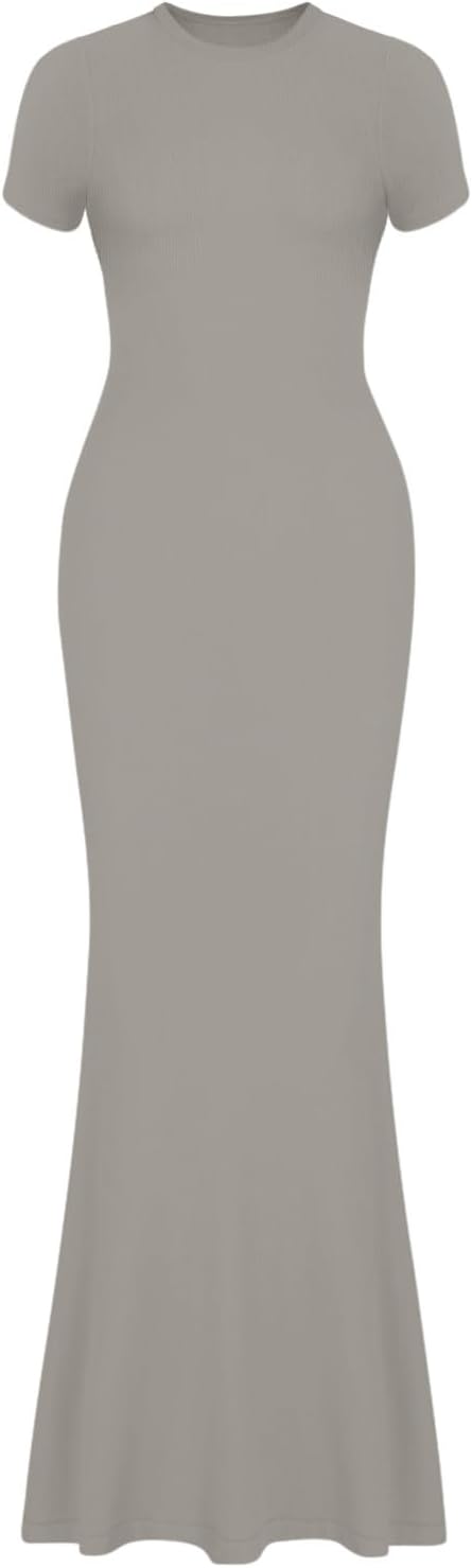 REORIA Damen Sommer Casual Lounge Langes Kleid Elegant Kurzarm Rundhalsausschnitt Figurbetontes Maxi