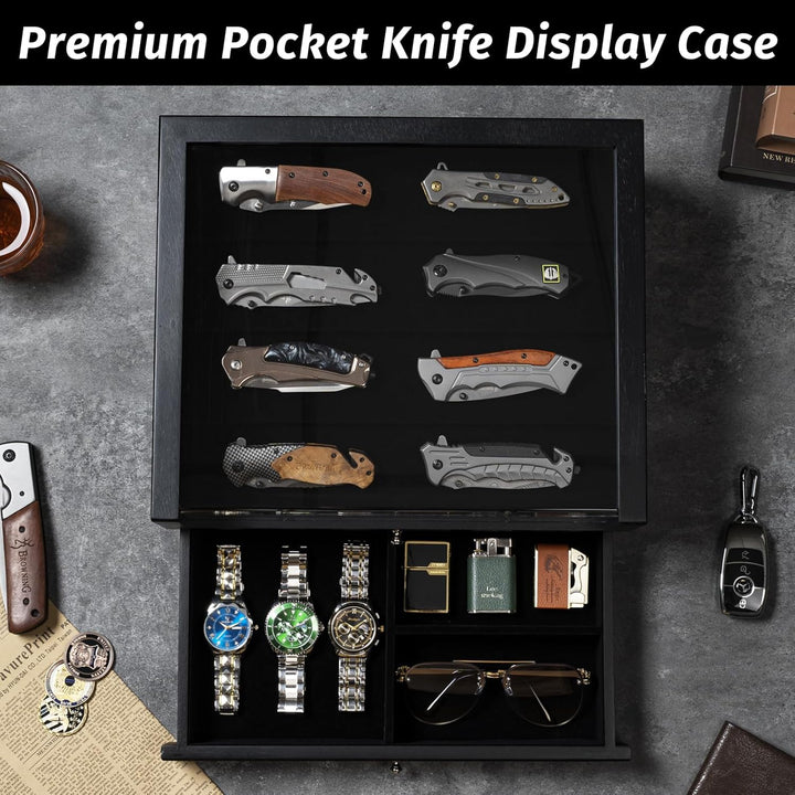 2 Etagen Messerhalter, Holz Messerständer, Messer Vitrine mit Schublade und Hochauflösendem Glas, Sa