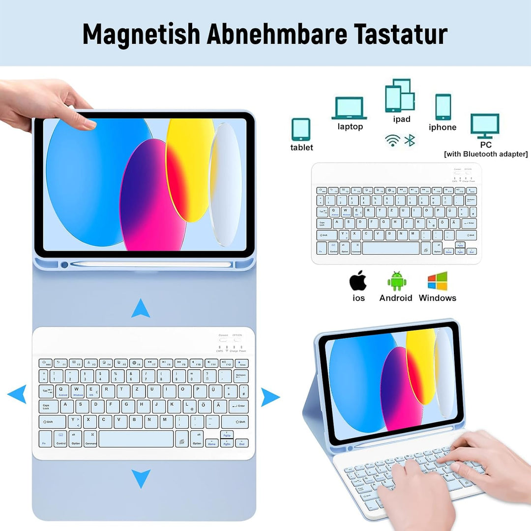 Lielax Hülle Tastatur für iPad (A16) 11./10. Generation (2025/2022), (11/10.9 Zoll), QWERTZ Layout K