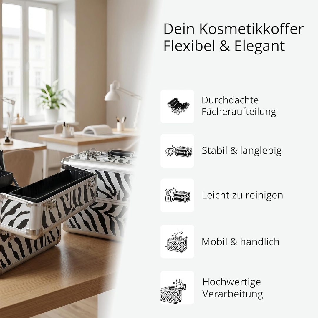 N&BF Kosmetikkoffer Zebra Design – Stylischer Schminkkoffer Damen leer & Klein | Beauty Case Abschli