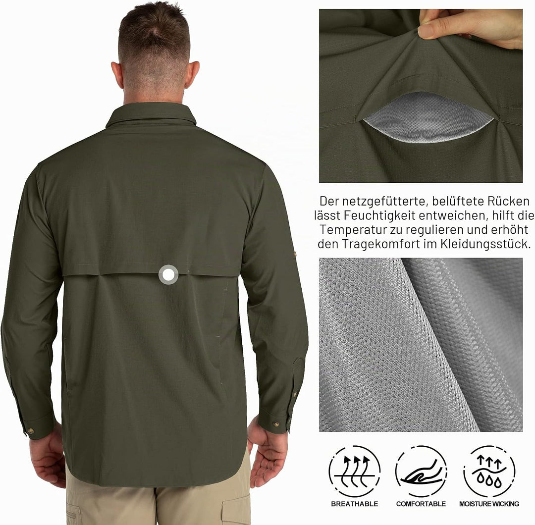 33,000ft Safari Hemd Herren Langarm Sportshemd UPF50+ UV Schutz Funktionshemd Atmungsaktiv Button-Do