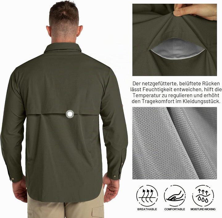 33,000ft Safari Hemd Herren Langarm Sportshemd UPF50+ UV Schutz Funktionshemd Atmungsaktiv Button-Do