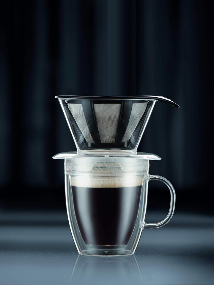 Bodum Pour Over Kaffee-Tropfer-Set mit doppelwandigem Becher und Permanentfilter, 340 ml, transparen