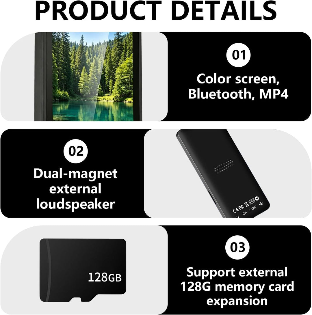 MP3 Player Bluetooth 5.3 128GB mit Lautsprecher, HiFi Musikplayer Tragbar 70H Akku, MP3 Player Sport