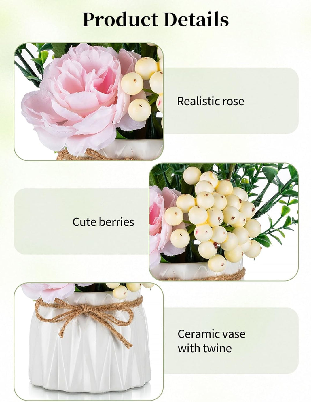 BLOSMON Kunstblumen im Topf Deko: 2 Stück Mini Rosa Künstliche Rosen Künstlich Blumen mit Vase für T