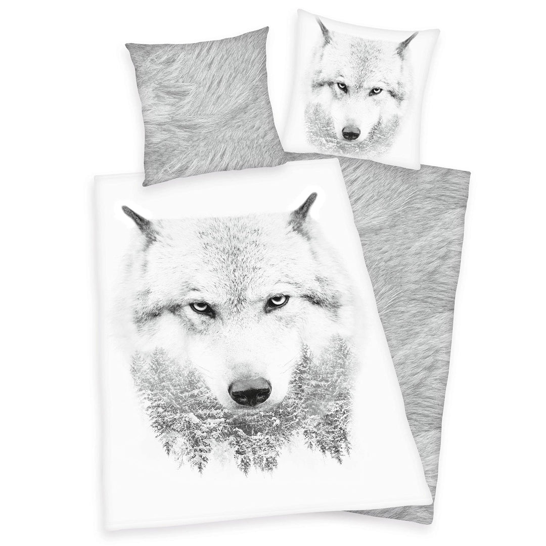 Klaus Herding GmbH Bettwäsche Set mit Wolf 135 x 200 cm 80 x 80 cm 100% Baumwolle