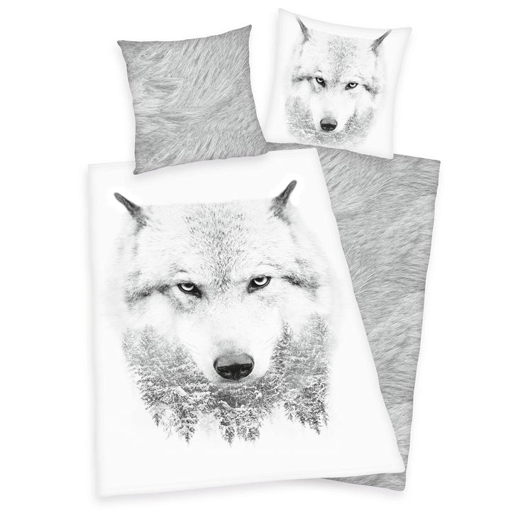 Klaus Herding GmbH Bettwäsche Set mit Wolf 135 x 200 cm 80 x 80 cm 100% Baumwolle