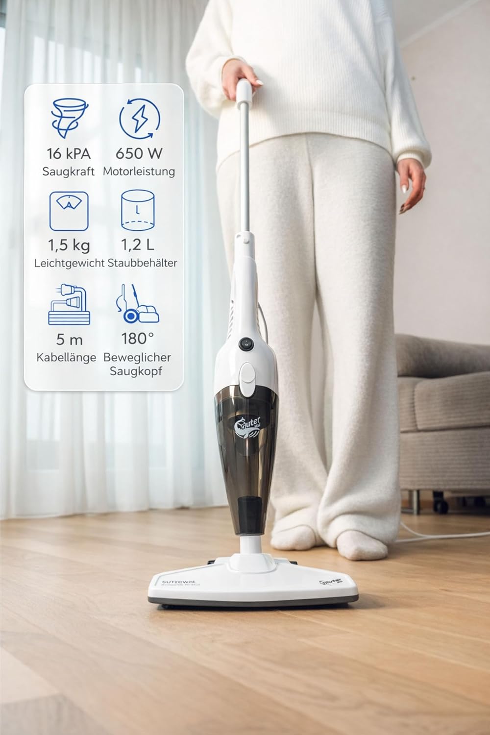 S12 Staubsauger – 16 kPa Saugkraft, 1,5 kg Leichtgewicht, 1,2L Staubbehälter, 650W Motor, 5m Kabel –