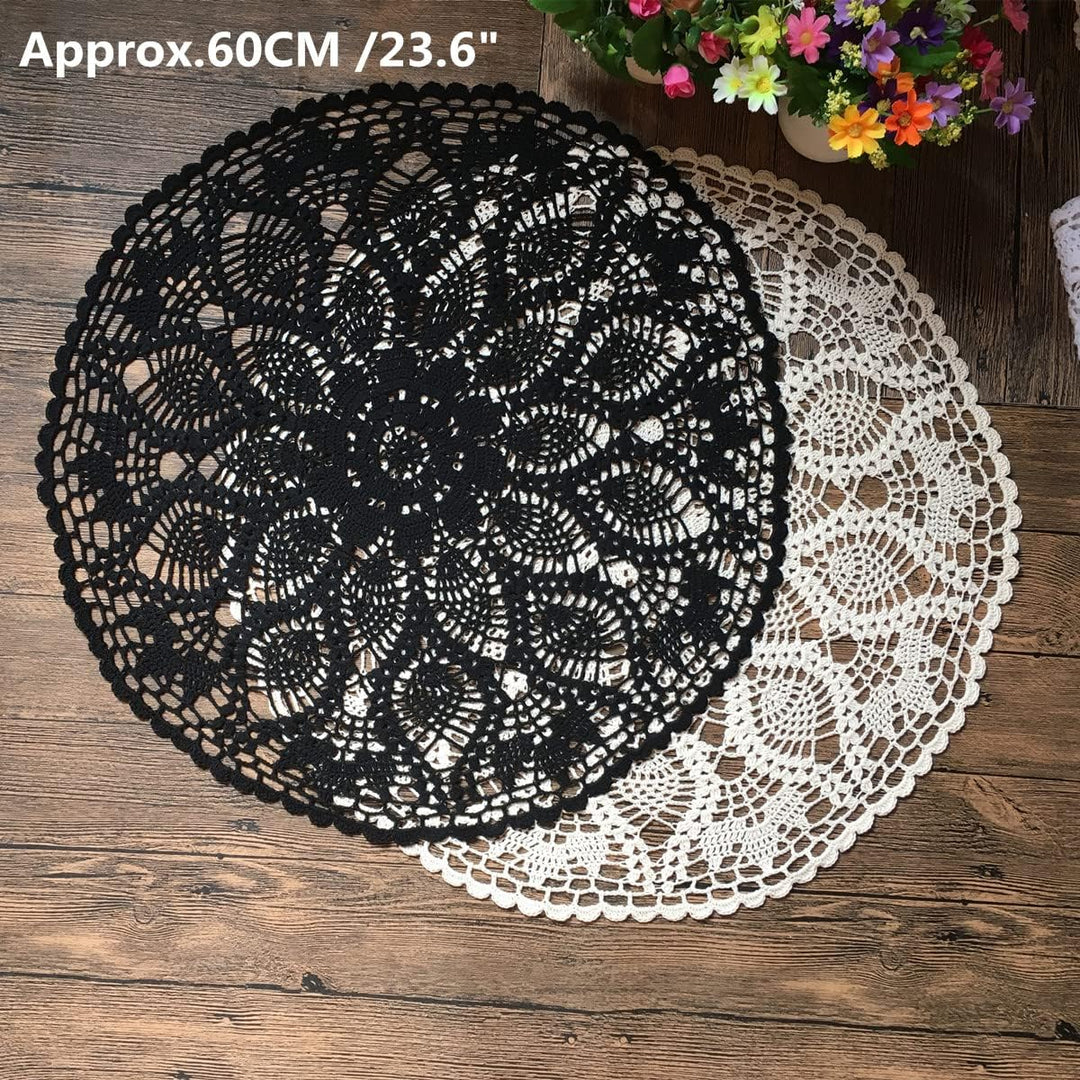 MINDPLUS Baumwolle Hand Häkeln Deckchen Spitze Gehäkelt Tischdecke Deckchen Tischset 60 cm Rund Schw
