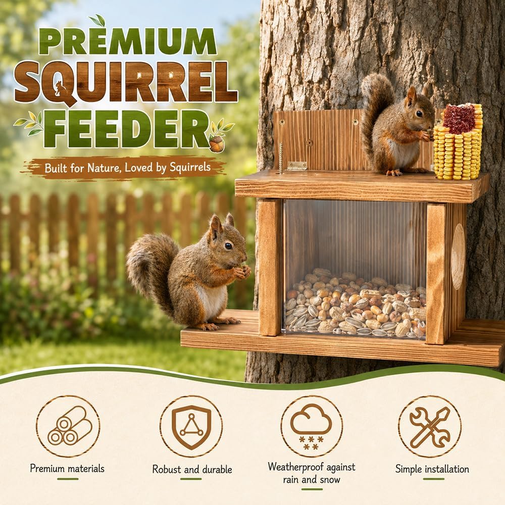 NAVESO Wooden Squirrel Feeder,Squirrel House Nesting Box for Nuts Corn, Peanuts,Squirrel Feeding Sta