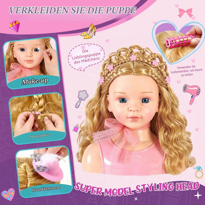 Frisierkopf Kinder Schminkkopf Mädchen Spielzeug, Stylingkopf Set mit Haartrockner, Lockenstab, Schm