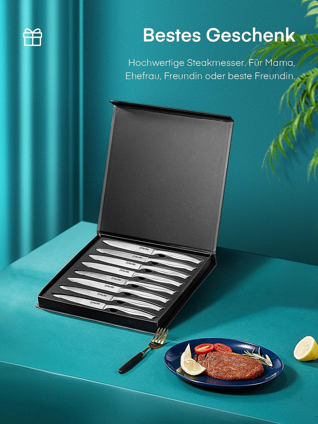 D.Perlla Steakmesser Set, Edelstahl Steakbesteck Set für 8 Personen, Schärfer Länger Steakmesser mit