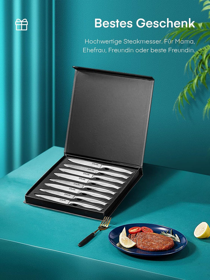 D.Perlla Steakmesser Set, Edelstahl Steakbesteck Set für 8 Personen, Schärfer Länger Steakmesser mit