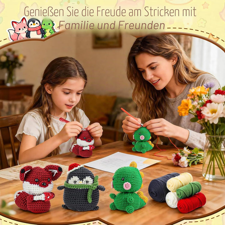 Häkelset für Anfänger Kinder - 3 Stück Tiere Häckel Kit für Kinder Erwachsene, Amigurumi Strickset m