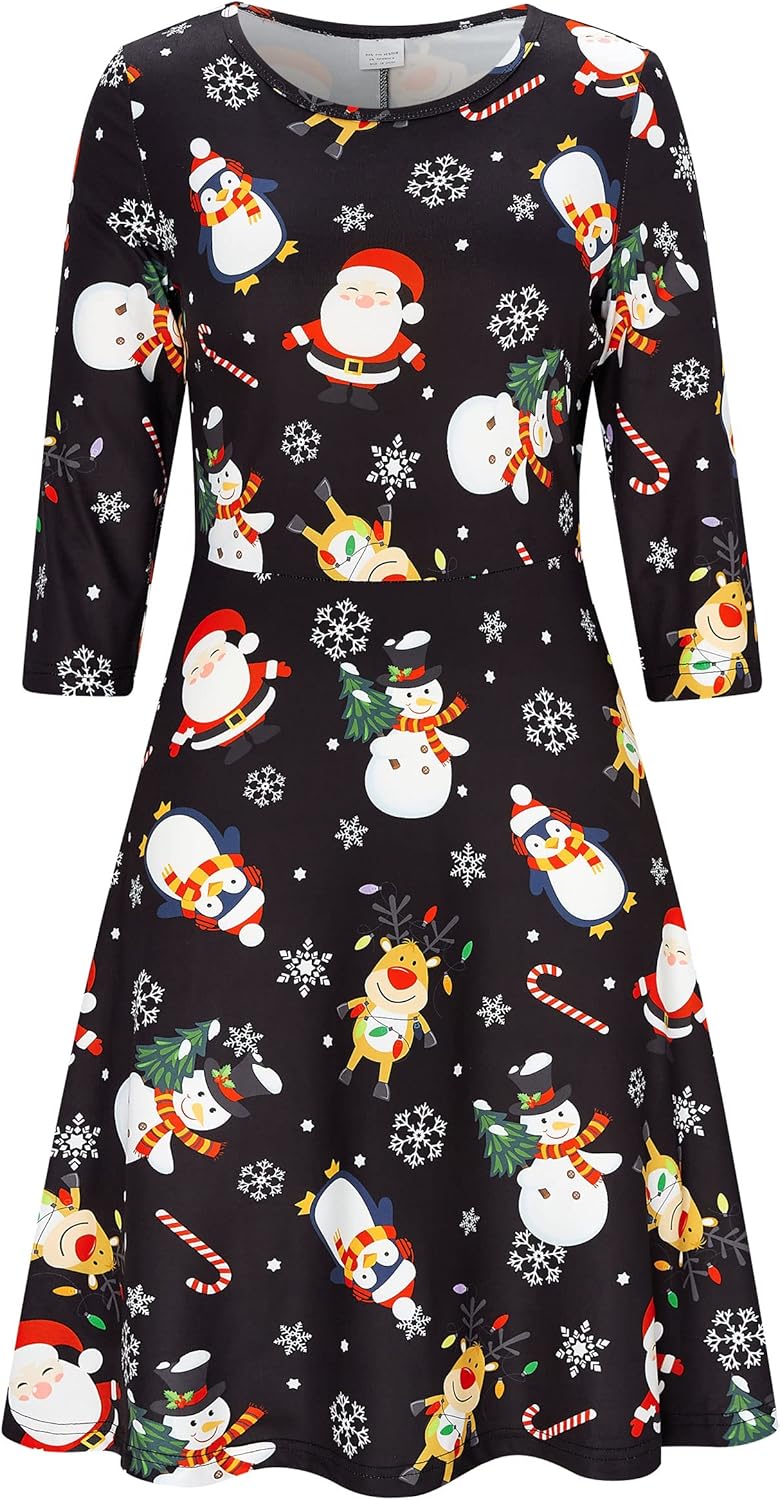 AIDEAONE Damen Weihnachten Kleid 3/4 Ärmel Midi Weich Kleid Lustig Druck Xmas Neu S, Xmas Neu S
