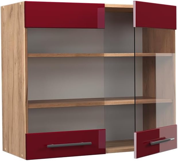 Vicco Küchenschrank Glas Fame-Line, Bordeaux Hochglanz/Goldkraft Eiche, 80 cm Hängeglasschrank 80 cm