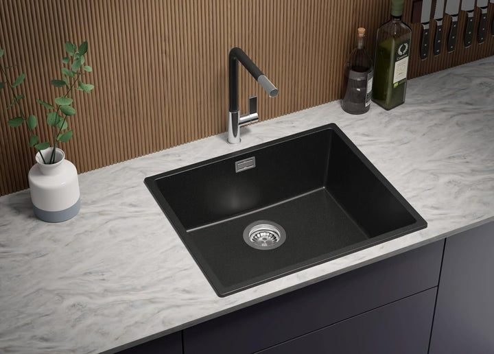 PRIMAGRAN Granitspüle Schwarz 56x47cm, Spülbecken 1 Becken + Ablauf-Set + Küchenarmatur 40x13cm + Sc