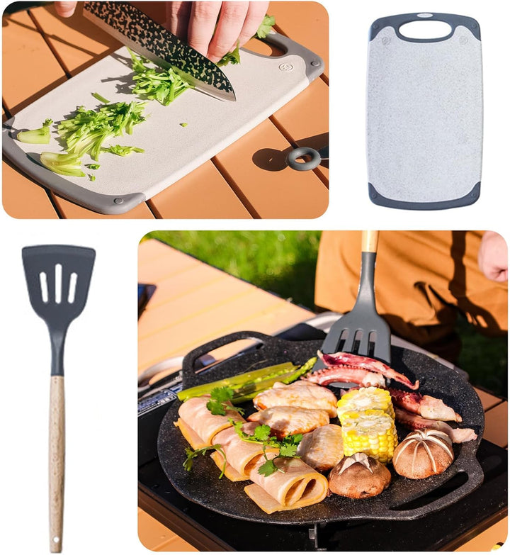 Sadodo Camping Küchenhelfer Utensilien Set 11 Teilig,Mit Organizer Tragtasche,Silikon Edelstahl Koch