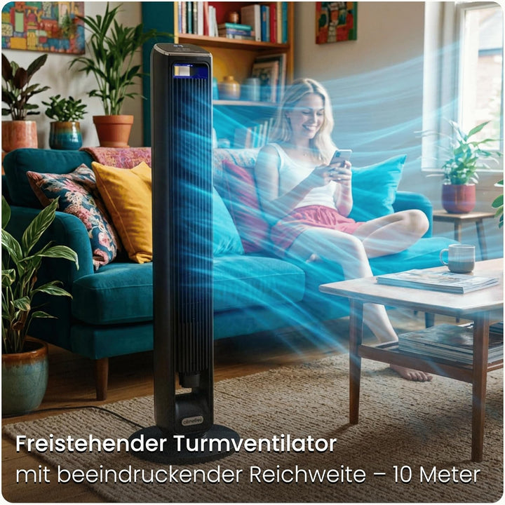 Turmventilator ION 107cm WiFi Tuya, Ionisator & grosses Duftfach, Starker 6m/s Wind, 90° Oszillation