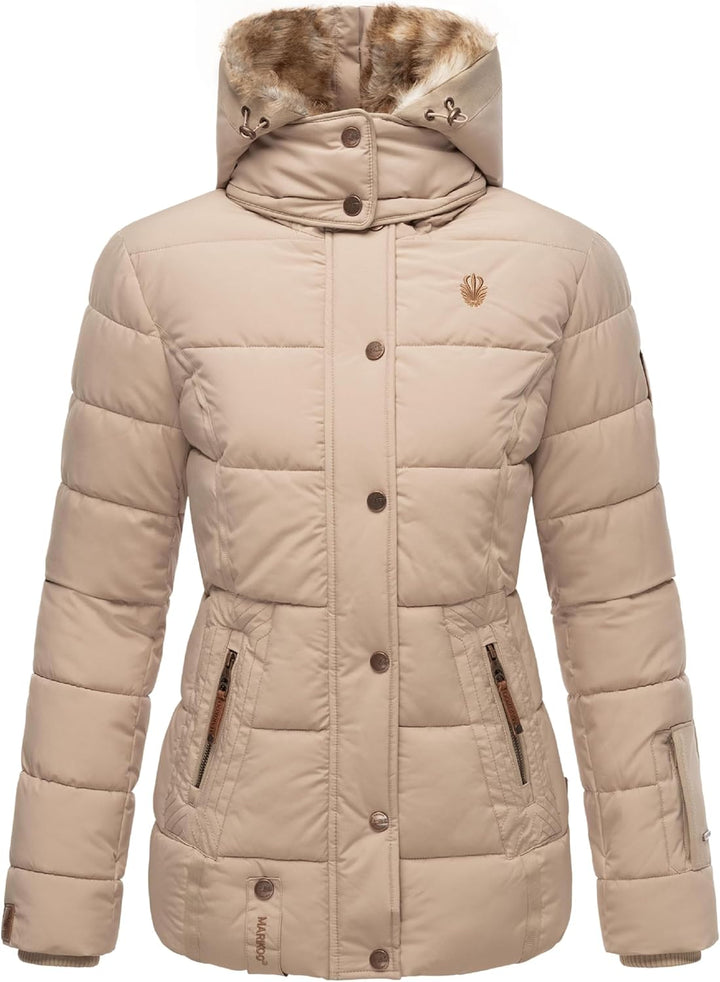 MARIKOO Damen Wintejacke warme Steppjacke mit Kunstfell Innenfutter Nekoo XS-3XL S Beige, S Beige