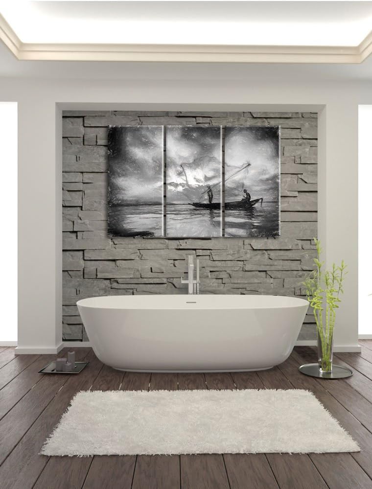 Pixxprint Fischer am fischen mit Wurfnetz Kohle Effekt 3-Teiler Leinwandbild 120x80 Bild auf Leinwan