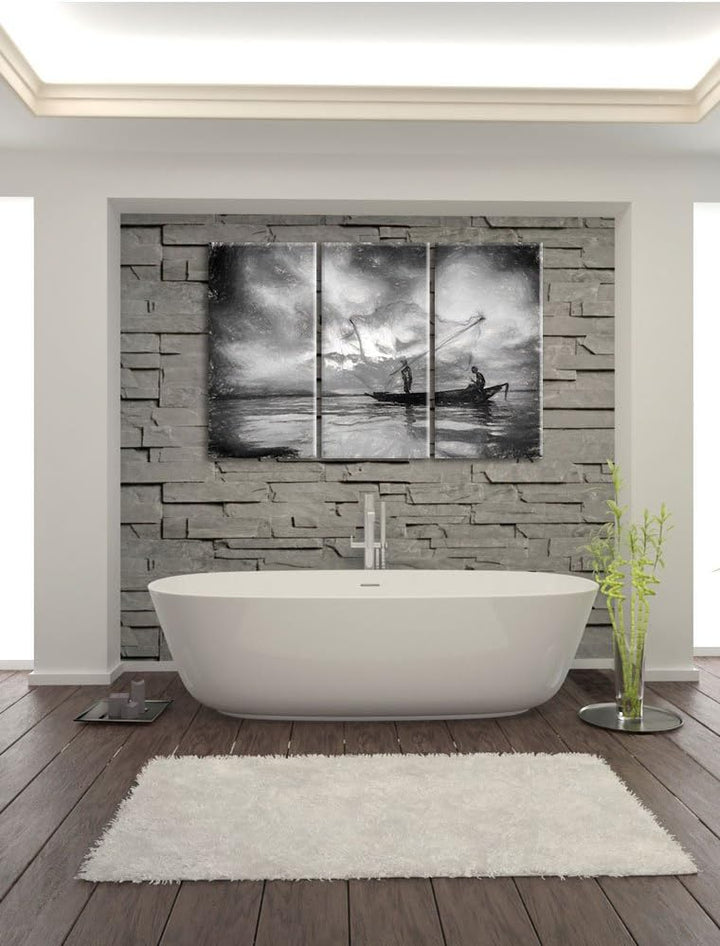 Pixxprint Fischer am fischen mit Wurfnetz Kohle Effekt 3-Teiler Leinwandbild 120x80 Bild auf Leinwan