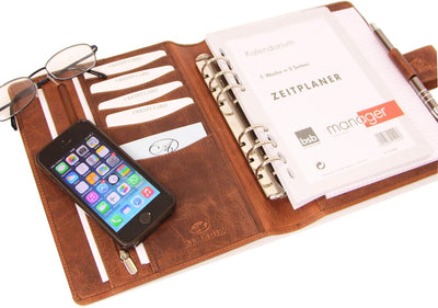 ALMADIH Leder A5 Terminplaner mit Ringmechanik Kalender 2024 Schreibblock Premium Rindsleder Braun D