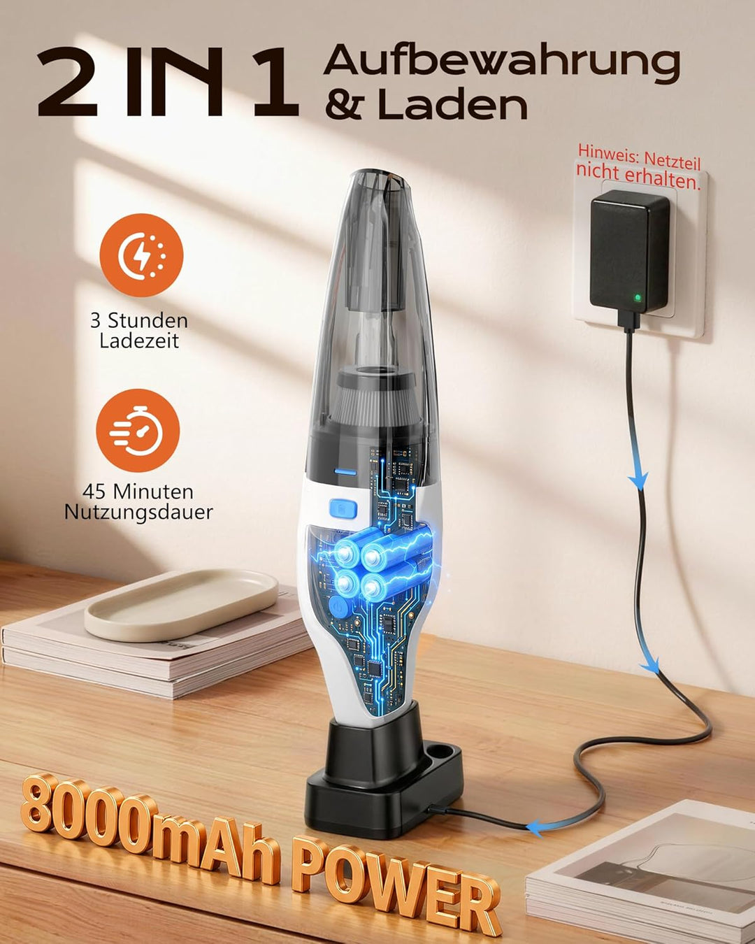 Topipop Handstaubsauger, 25000Pa Handstaubsauger Akku mit Ladestation, waschbarem HEPA Filter & 45 M