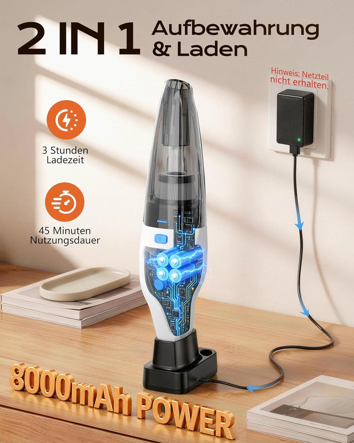 Topipop Handstaubsauger, 25000Pa Handstaubsauger Akku mit Ladestation, waschbarem HEPA Filter & 45 M