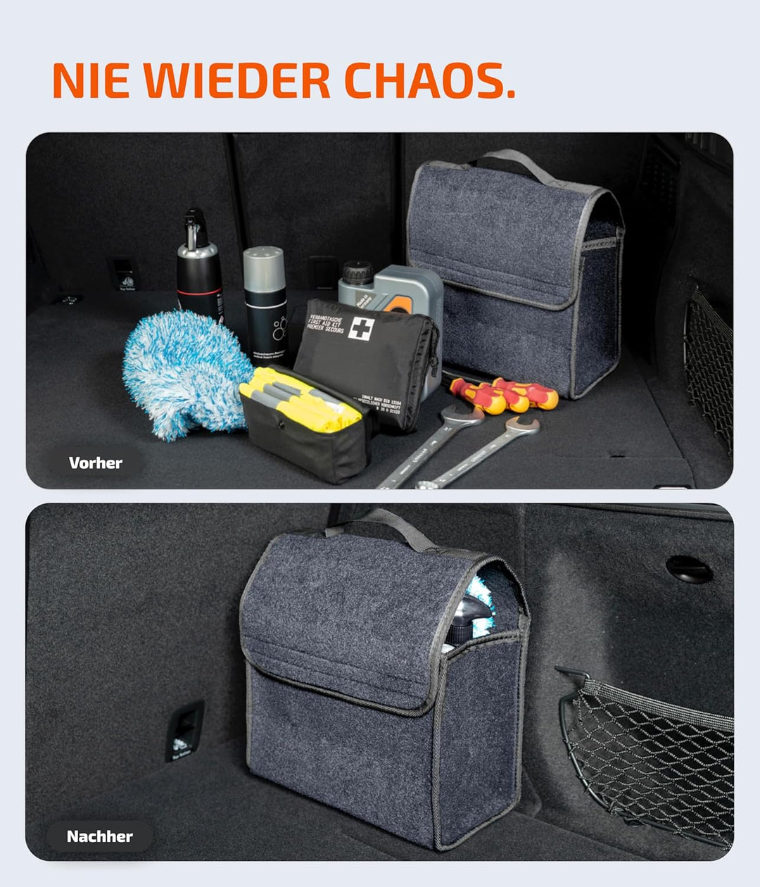 Auto Kofferraumtasche [HOCHWERTIGER FILZ] – Faltbar – Rutschfest mit Klettbändern zu befestigen – We
