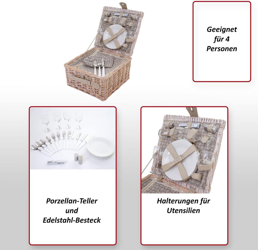 Mendler Picknickkorb-Set-AM für 4 Personen, Picknicktasche + Kühlfach, Porzellan Glas Edelstahl, bei