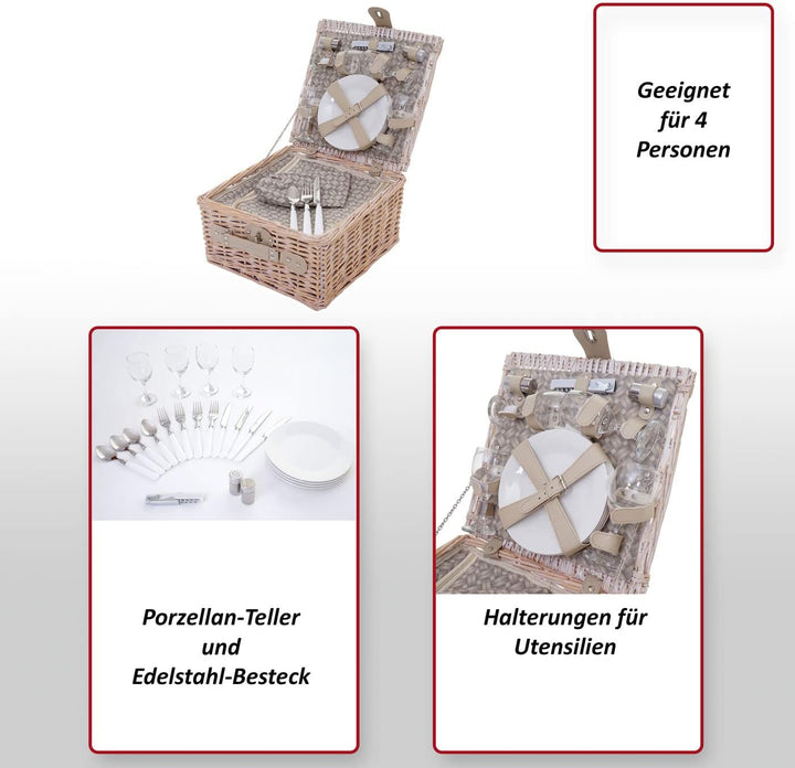 Mendler Picknickkorb-Set-AM für 4 Personen, Picknicktasche + Kühlfach, Porzellan Glas Edelstahl, bei