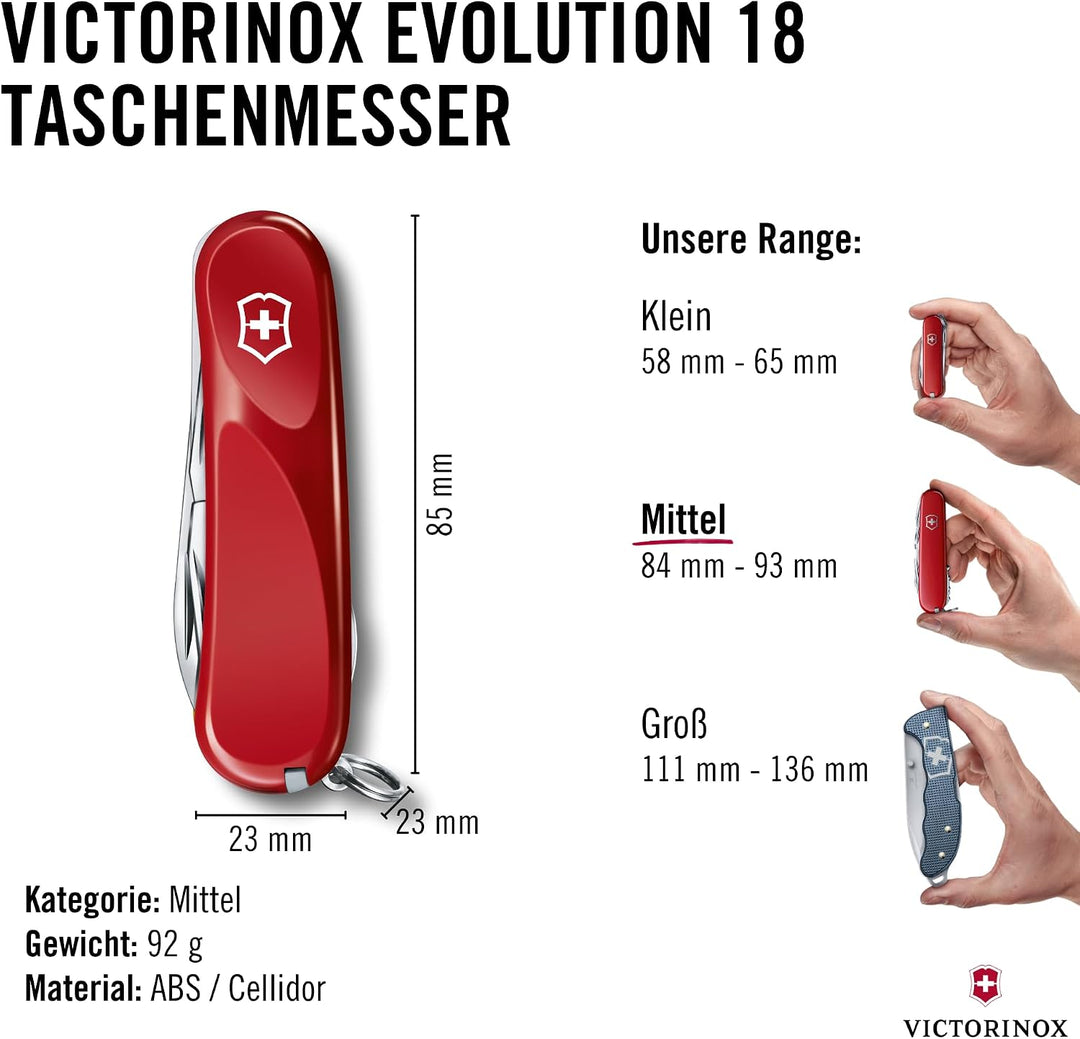 Victorinox Taschenmesser Evolution 18 (15 Funktionen, Ergonomisch, Klinge, Nagelfeile) Rot, Rot