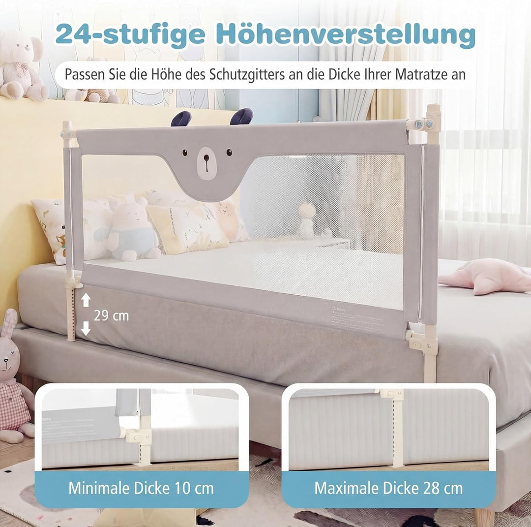 COSTWAY 175cm Bettgitter, 24 Stufen höhenverstellbares Babygitter mit doppeltem Verschluss & Reissve