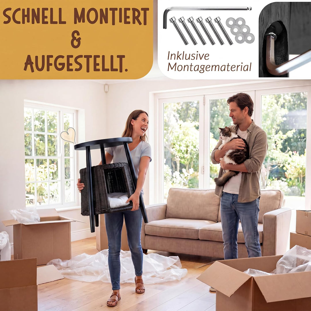 Petigi Katzentisch Beistelltisch Rattan Katzenhöhle Katzenbett Couchtisch | aus Holz und Rattan, Sch