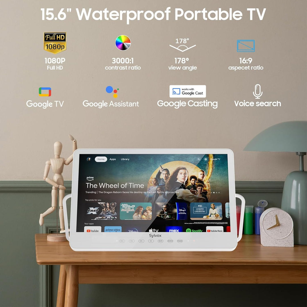 SYLVOX Tragbarer Fernseher 15,6 Zoll | Google TV, 10000 mAh Akku (6h Laufzeit) | IP66 Wasserdicht |