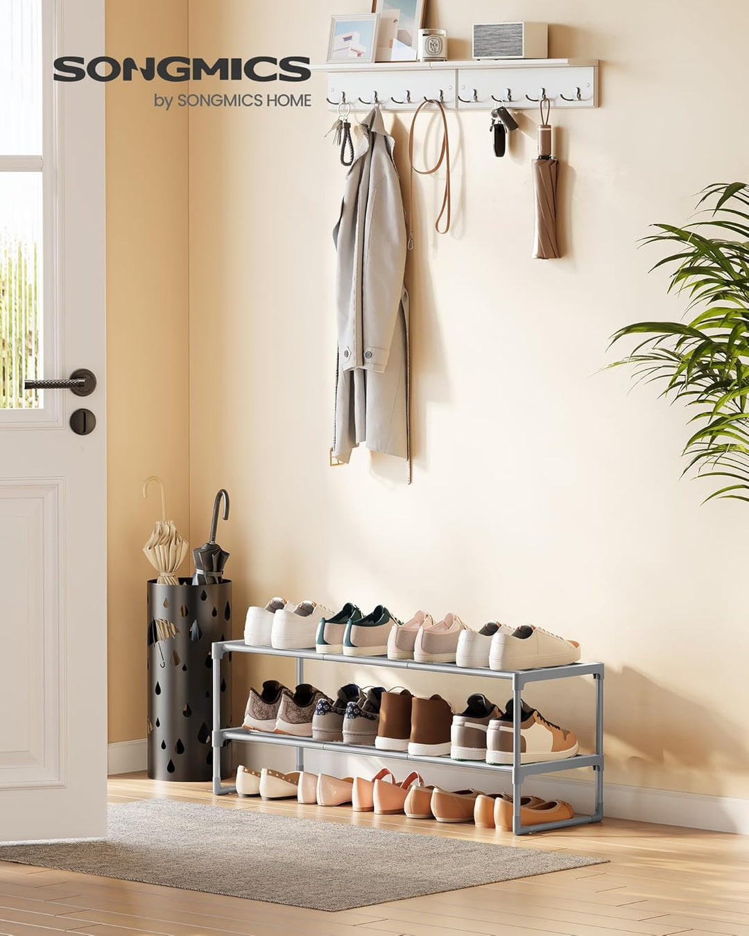 SONGMICS Schuhregal 2 Ebenen, Schuhständer Metall, Schuhaufbewahrung, Schuh-Organizer, aufrecht oder