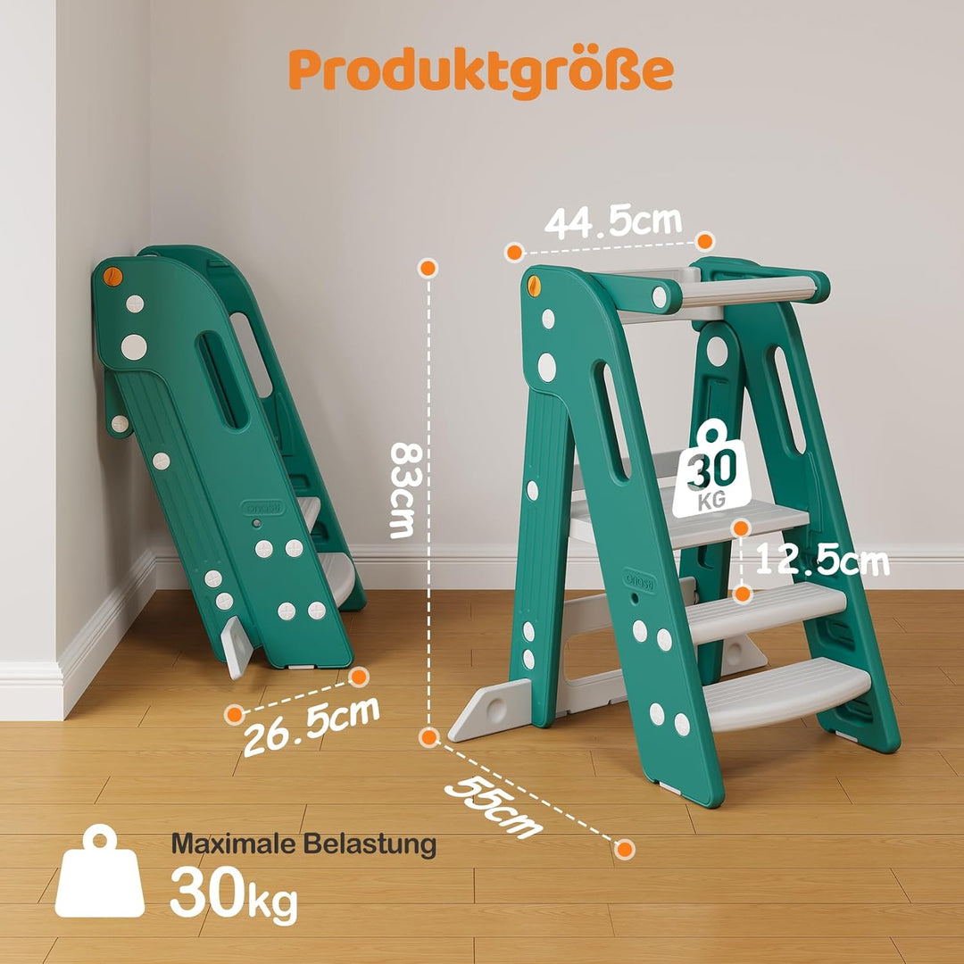Onasti Lernturm für Kinder mit Sicherheitsgeländer, Lernturm Klappbar, Höhenverstellbar, Learning To