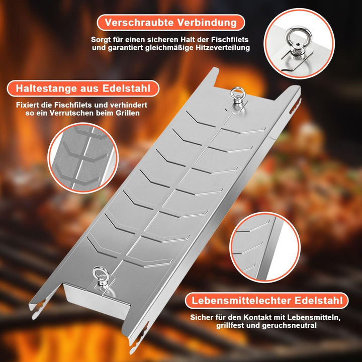 Flammlachsbrett 2er Set für Feuerschale &amp; Kugelgrill,180° drehbar | 59,5 cm lange Edelstahlplatte mi