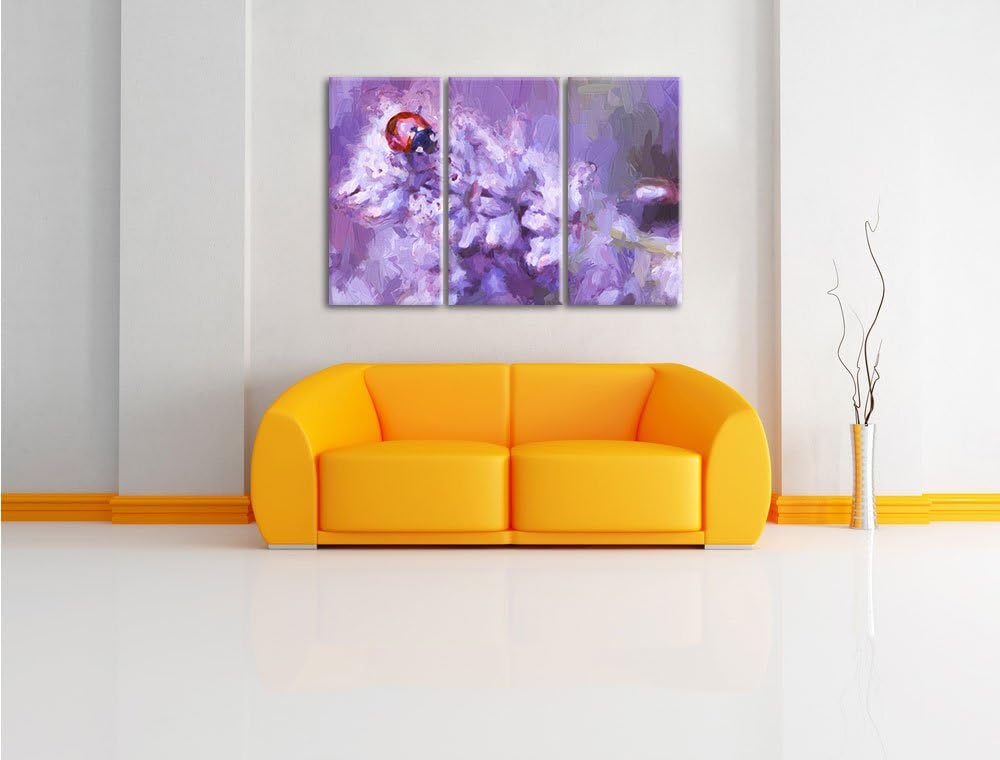 Pixxprint Marienkäfer auf Lavendel / 3-Teilig/Gesamtmass 120cm Leinwandbild bespannt auf Holzrahmen/
