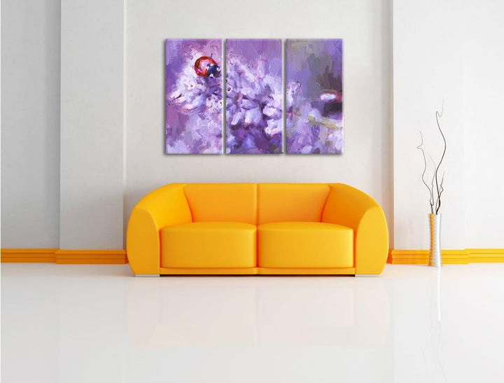 Pixxprint Marienkäfer auf Lavendel / 3-Teilig/Gesamtmass 120cm Leinwandbild bespannt auf Holzrahmen/