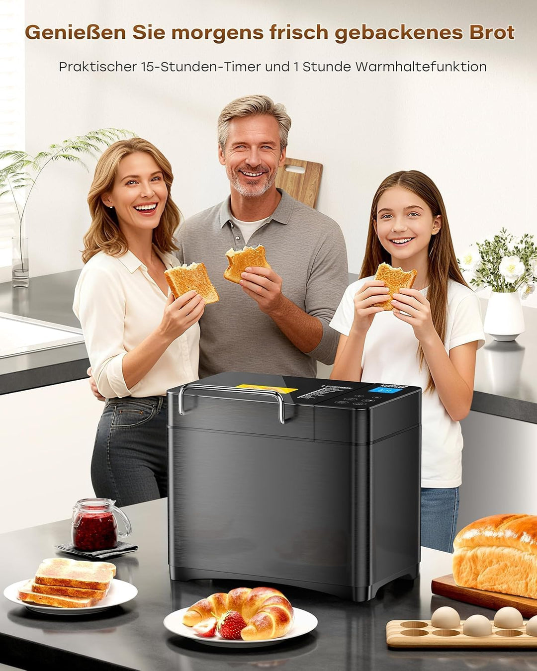 710W 1KG Konvektions Brotbackautomat mit Doppelten Heizrohren, 17 in 1 Edelstahl Brotbackmaschine, K