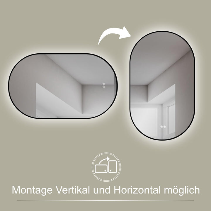 HOKO Design LED ANTIBESCHLAG Spiegel oval 45 x 75 cm + Metall Rahmen Schwarz. HOCH + QUER Montage. B