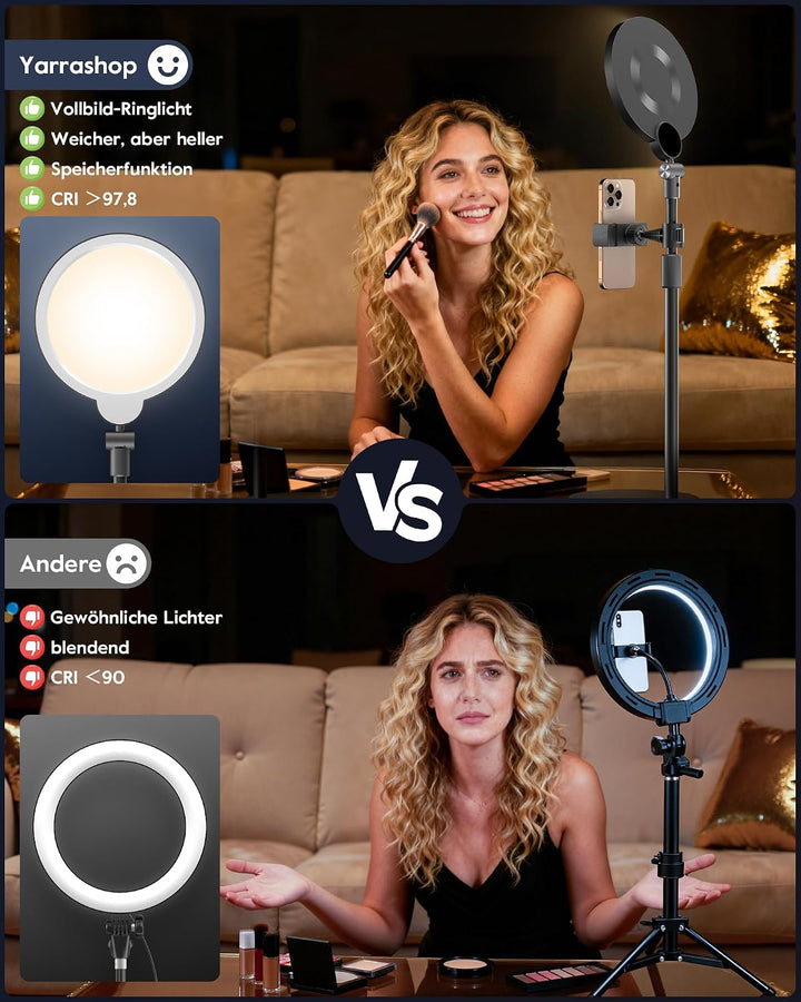 Ringlicht mit Stativ für Videokonferenzen, 3 Farbtemperaturen 10 Helligkeitsstufen Dimmbare, Schreib
