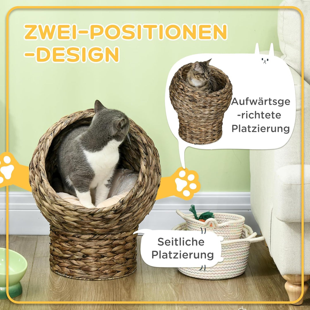 PawHut Rattan Katzenkorb Katzenhöhle Katzenhütte Katzenbett mit Kissen Haustierbett Wasserhyazinthe