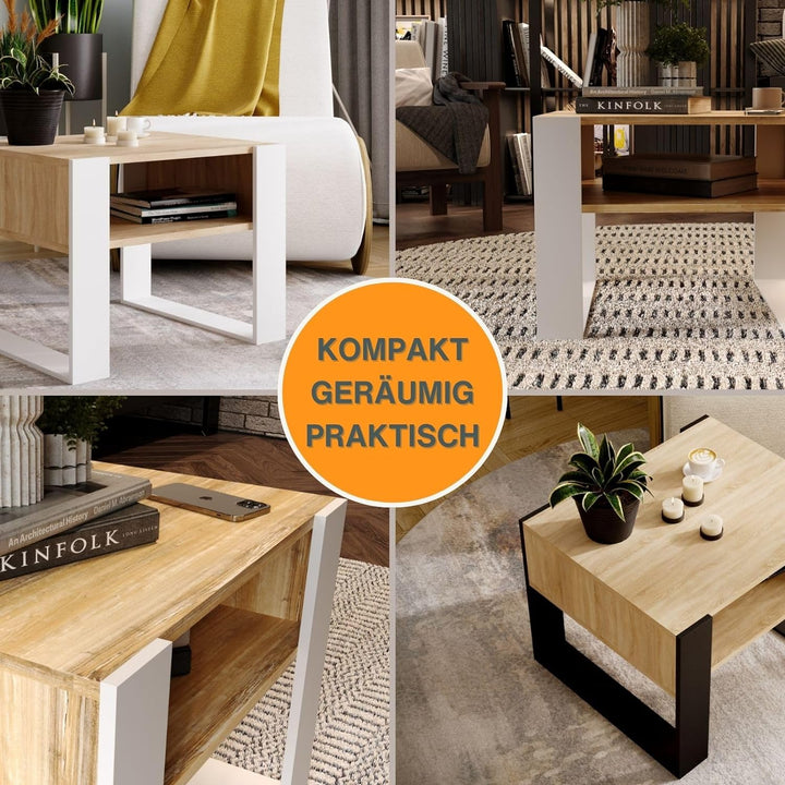 CraftPAK Wohnzimmer Tisch für Couch aus hochwertigem Holz, Stabiler & moderner Couchtisch mit zusätz