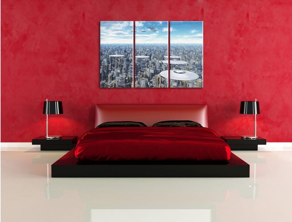 Pixxprint UFO´s über der Stadt als Leinwandbild/Grösse: 3 Teilig (120x80 cm) cm/Wandbild/Kunstdruck/