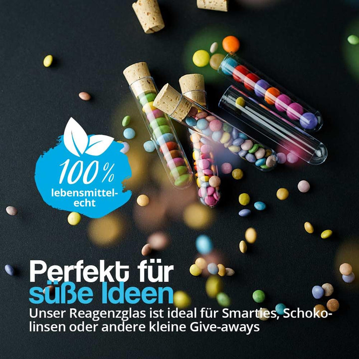 Tuuters 100x Kunststoff Reagenzgläser mit Korken (Naturkorken), Reagenzröhrchen (100 x Ø 21mm), 100
